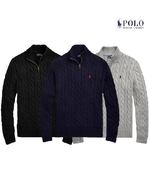 [폴로] 꽈배기 반집업 니트_블랙 M